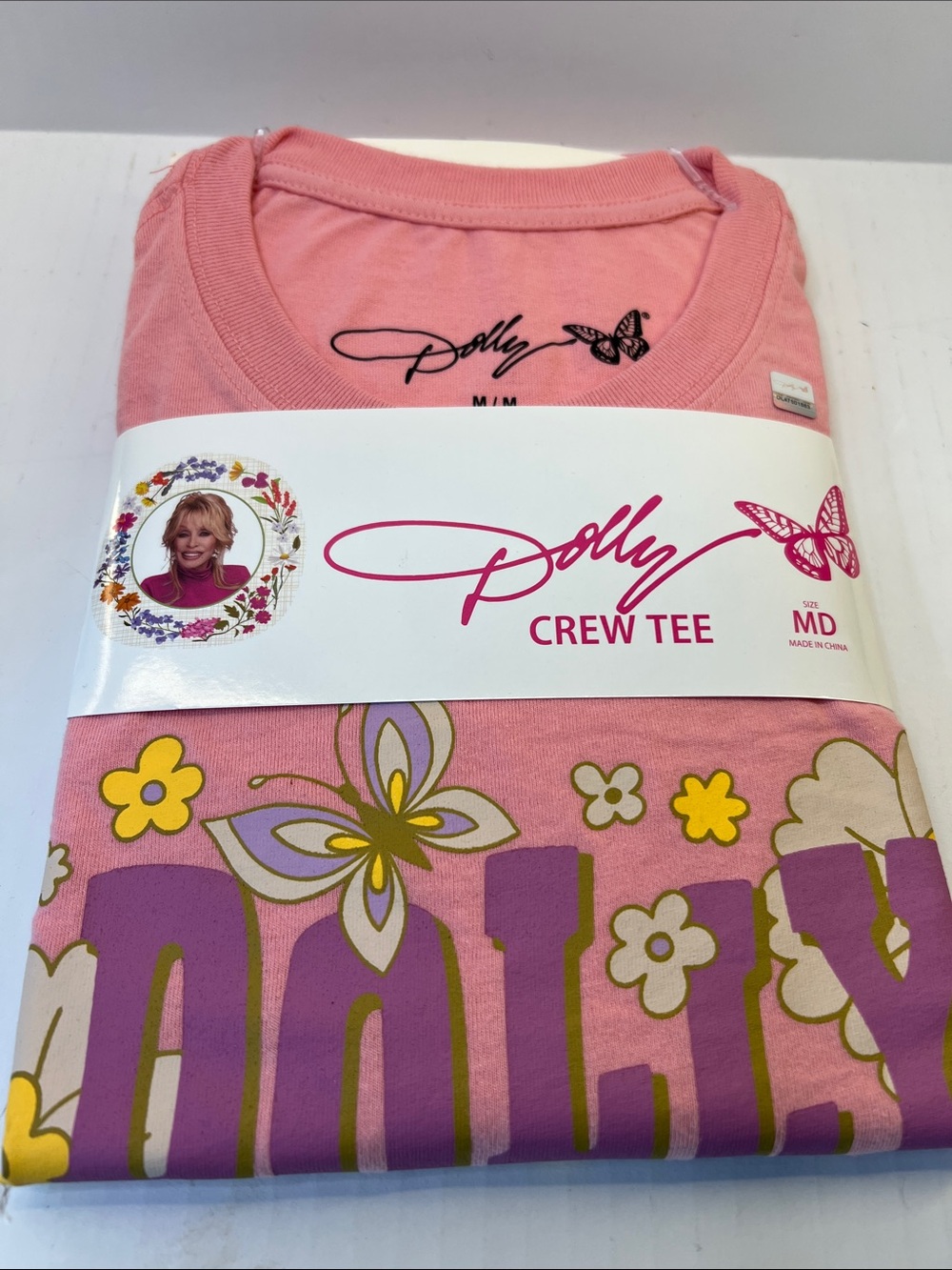 Rare Dolly Parton Crew Tee - Pink Floral & Butterfly Graphic Short Sleeve